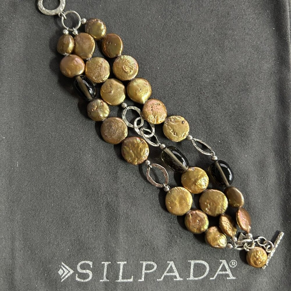 Silpada 3-Strand Bronze Coin Pearl Smokey Quartz Sterling Silver Bracelet B1850